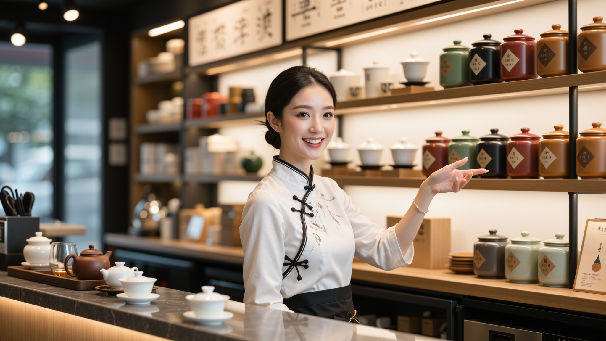 旗舰店内部空间，原木与石材打造的茶席区域